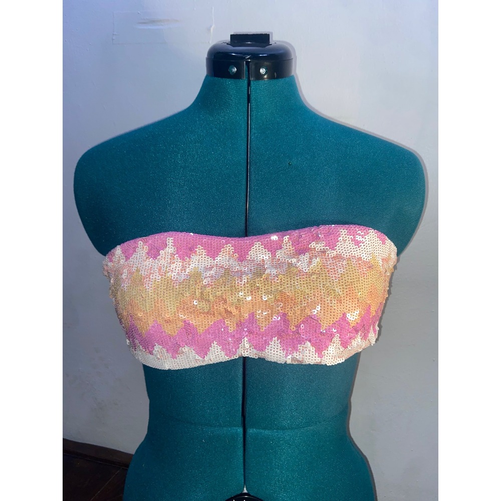 Victorias Secret Y2K BarbieCore Pink Sequin Chevron Bandeau Bikini Top Strapless